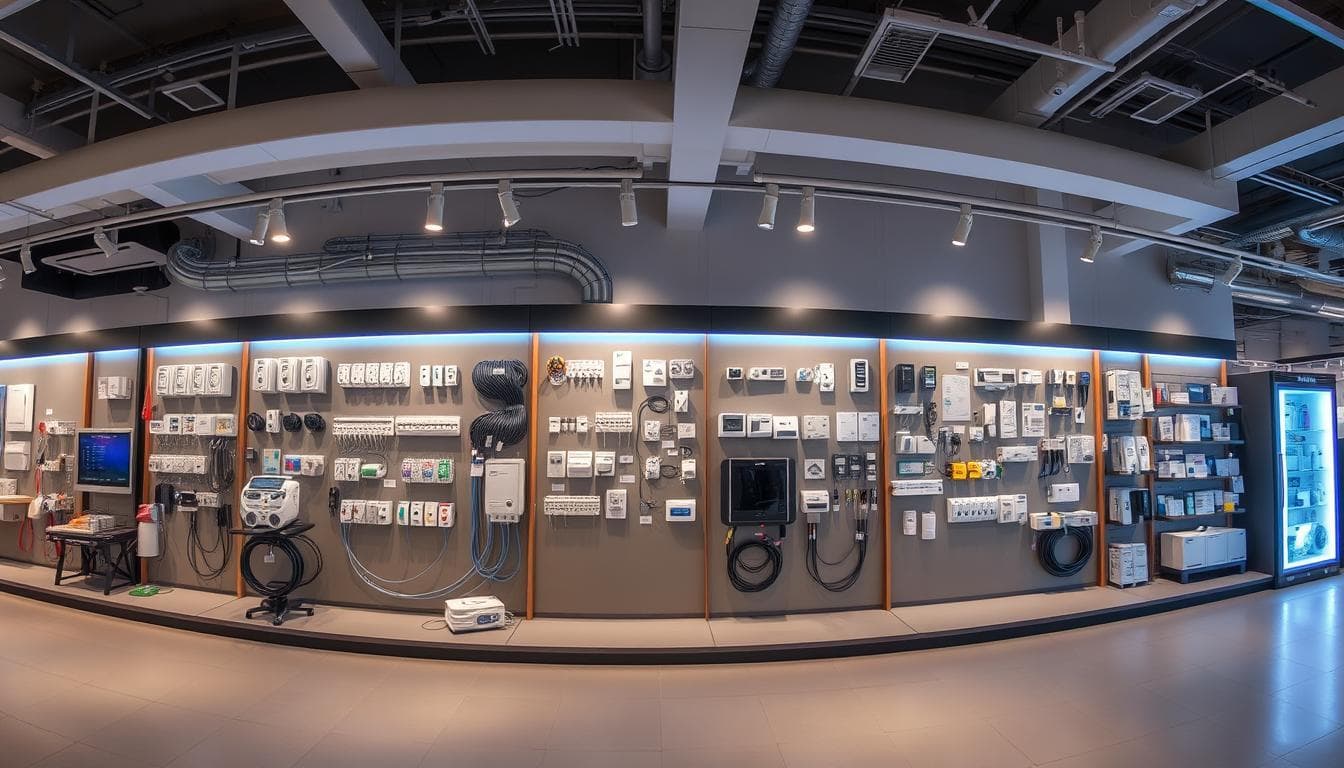Thakur Shroff electrical showroom — wall of cables, switchgears, panels and meters